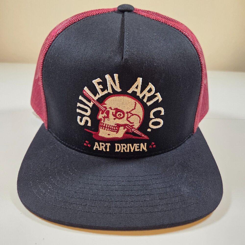 Sullen Art Collective Run Through Snapback Hat Embroidery Skull Black & Cardinal
